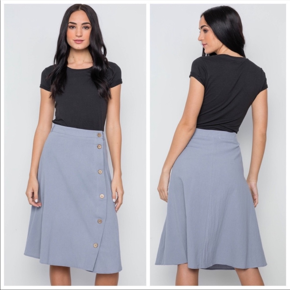 Blue Side Button Cotton Midi Skirt - Picture 2 of 2
